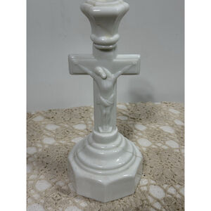 Vintage White Milk Glass Crucifix Cross Jesus Candlestick 9. 5" Candle Holder